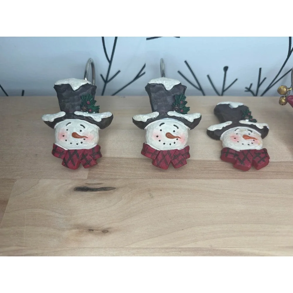 Vintage Snowman Shower Curtain Hooks Set of 12 Christmas Holiday Resin Decor